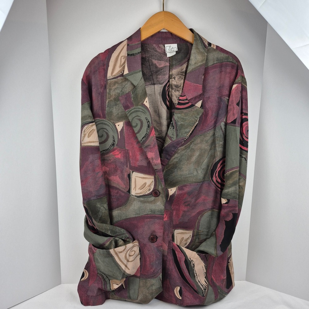 Eva Women's Blazer Sz 14 Multicolor‎ Abstract Artsy Rayon Made in USA 90s VTG
